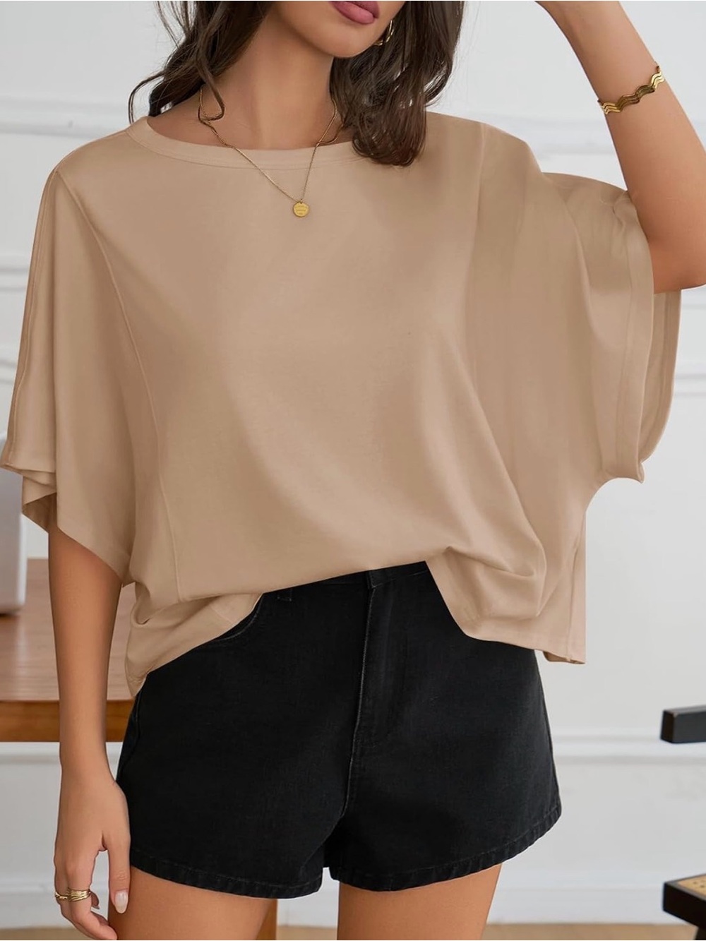 Relaxed Boxy Blouse in Beige — Easy Draping Everyday Top